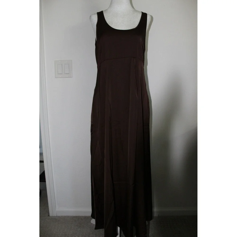 Rachel Zoe Women's Brown Satin Empire‎ Waist Scoop Neck Maxi Dress Medium NWT
